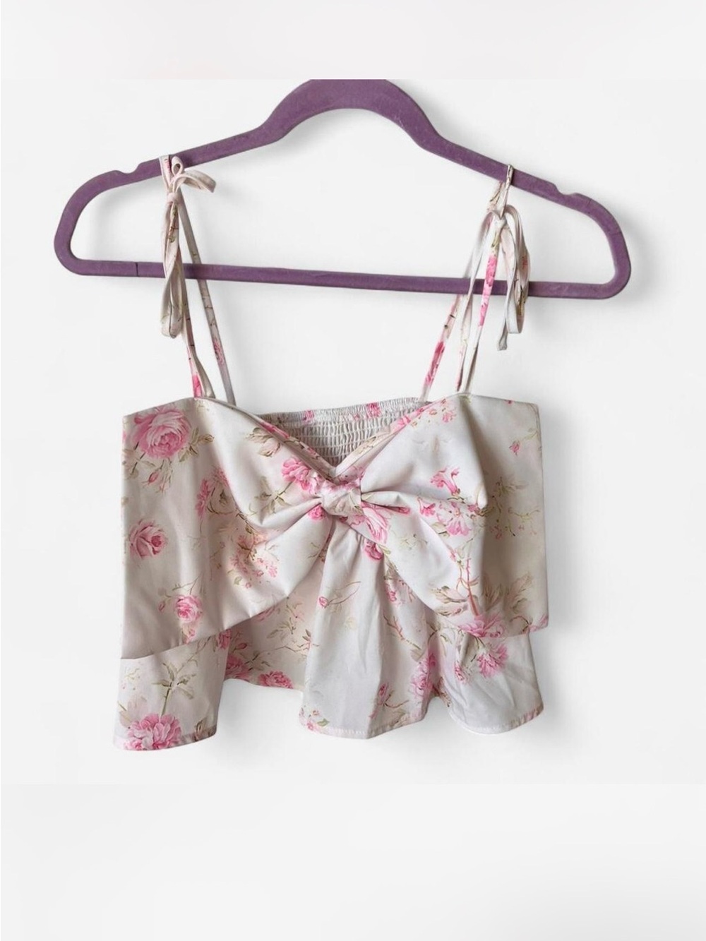 Pink Floral Bow-Front Ruffle Camisole